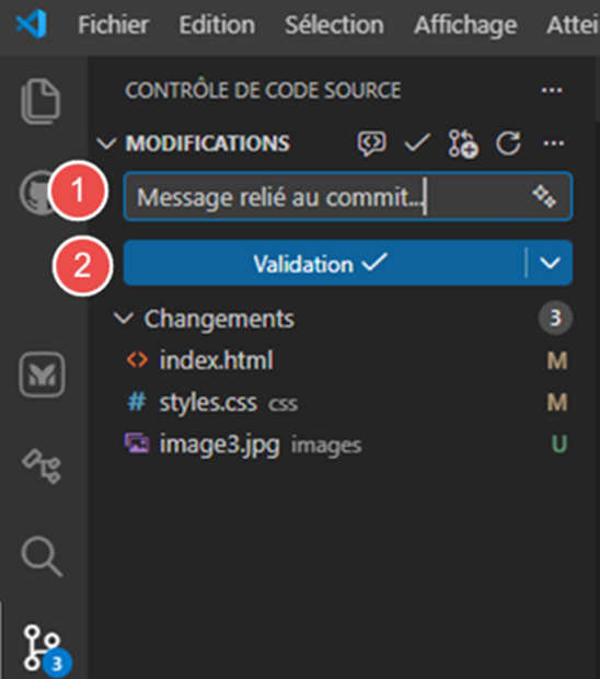 Capture d'écran : Interface Contrôle de source avec fichiers modifiés